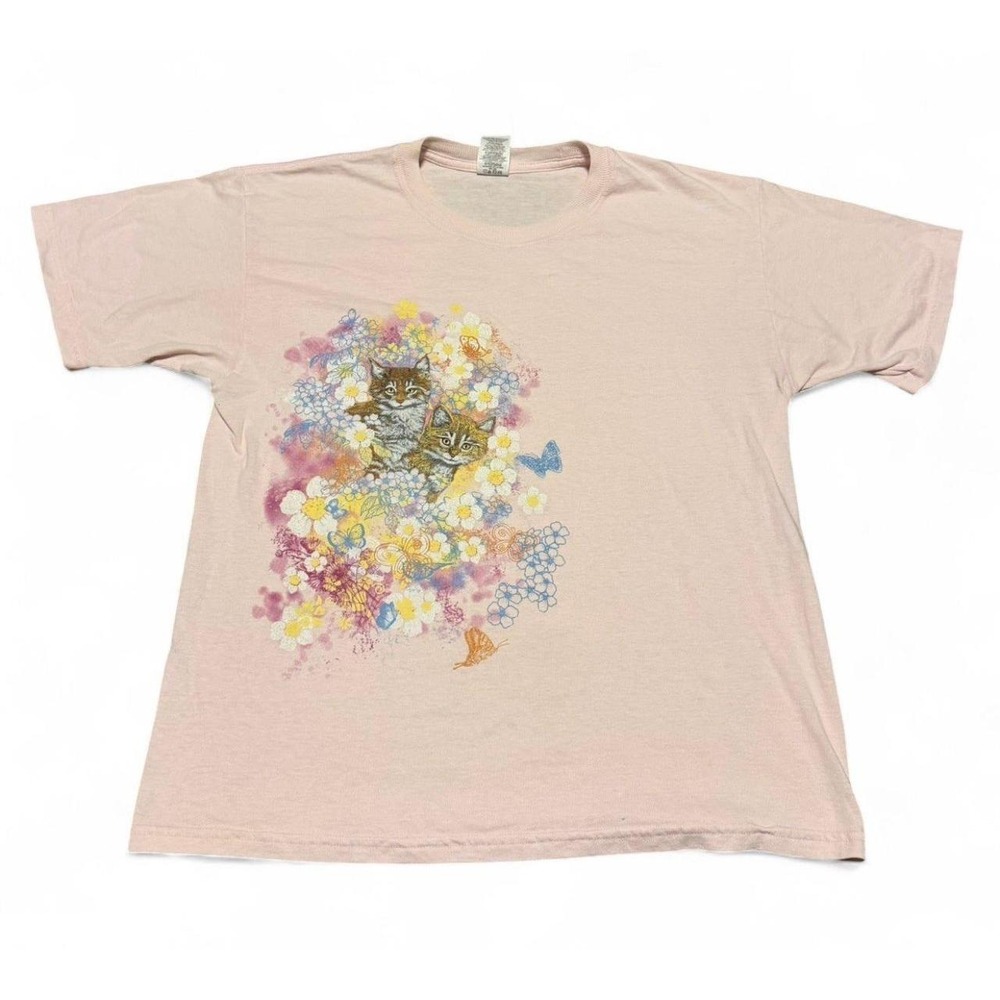 Vintage Jerzees Cat Kitten Floral Butterfly T Shirt Pink Large Cottagecore